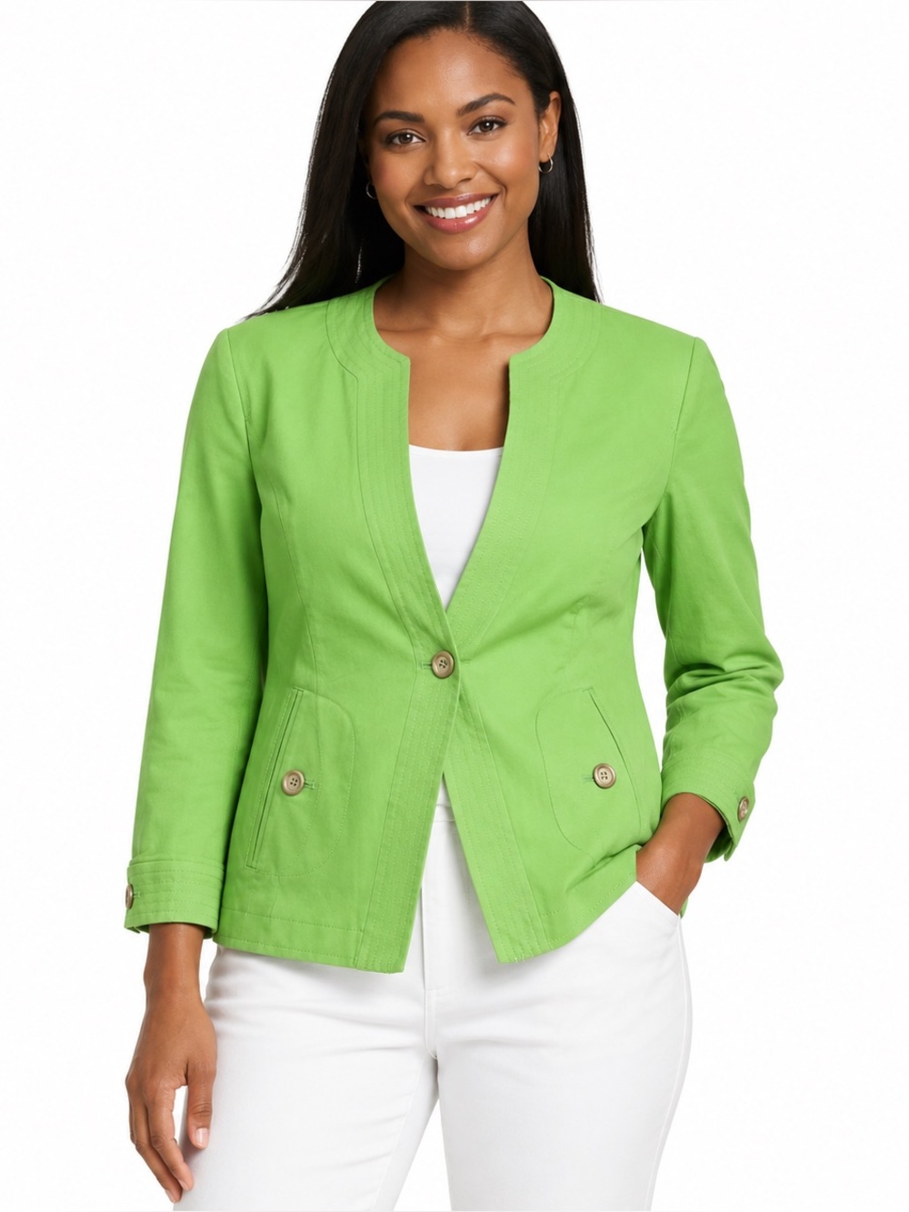 Talbots Petites Green Collarless Cotton Blend Blazer Jacket Women’s 6P